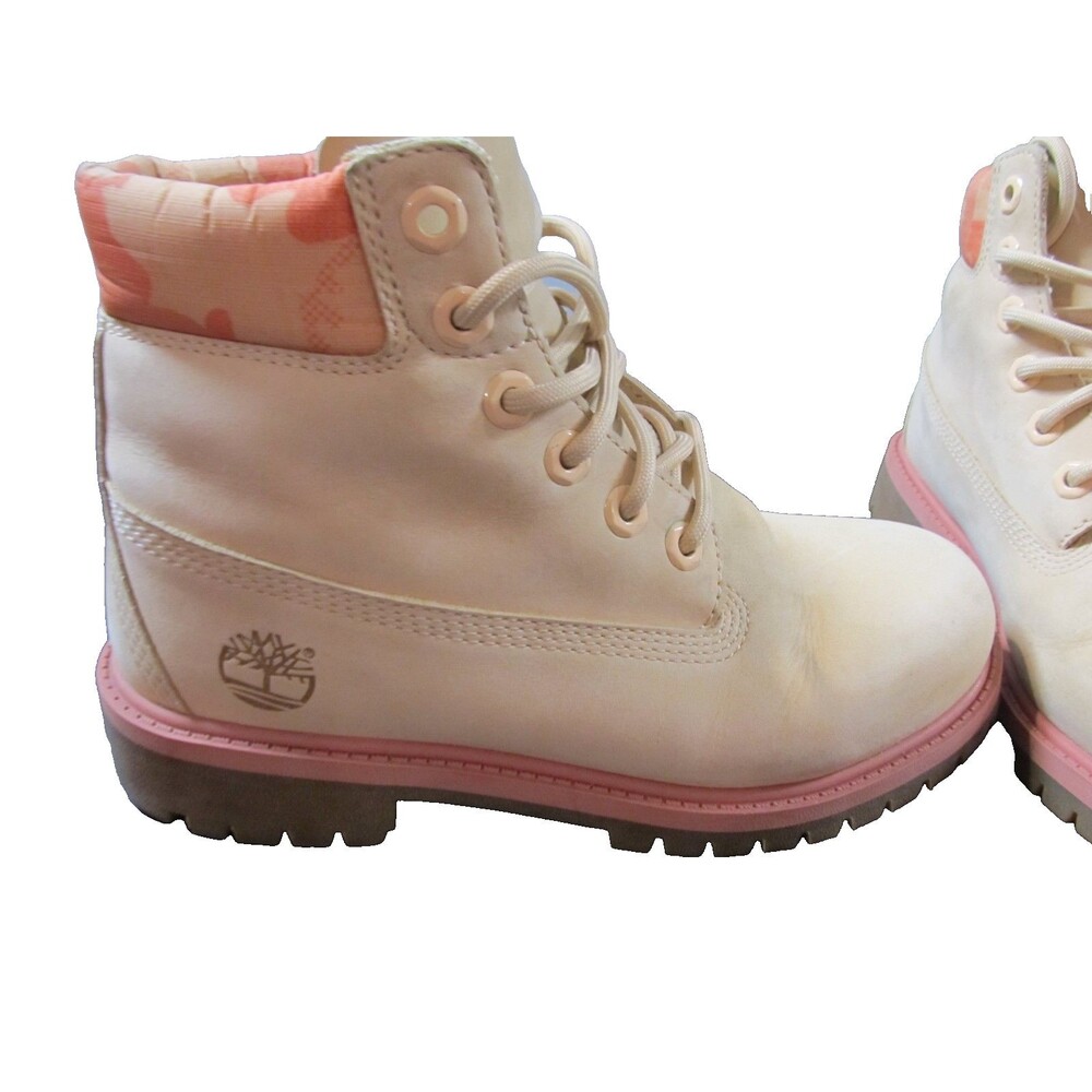 Timberland Kids Boots Size 4 Tan Leather Pink Orange Padded Collar - Picture 12 of 12